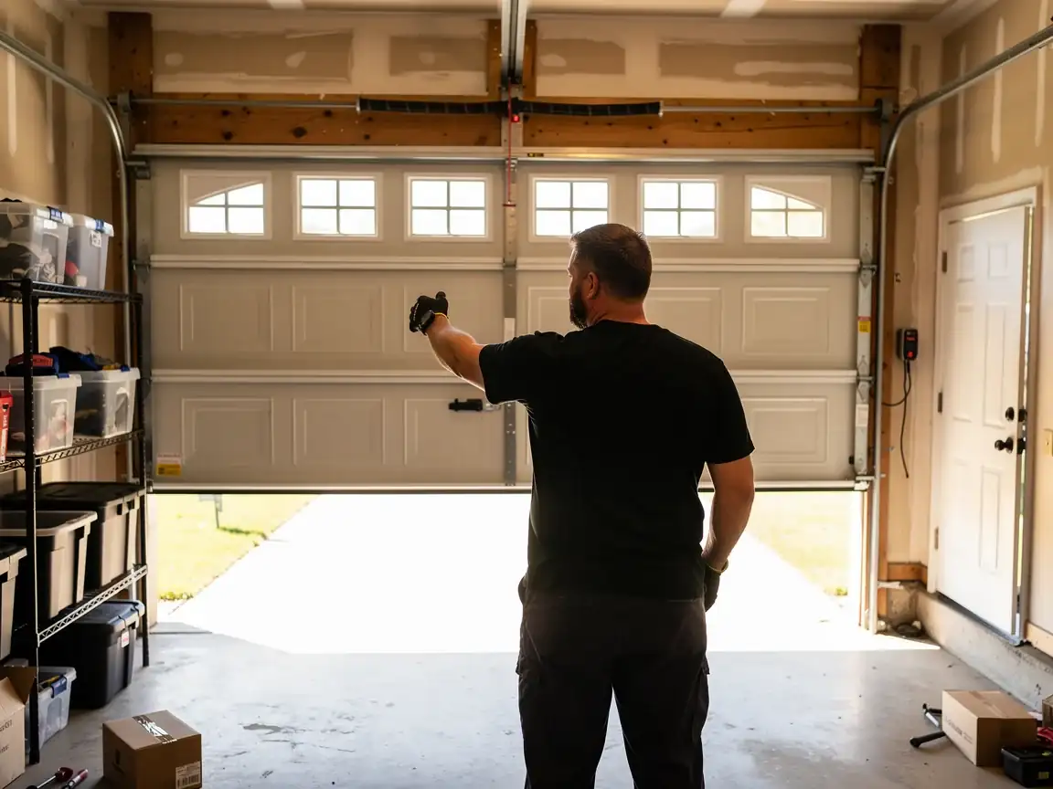 A technician stands in a garage looking at an open garage door with windows.