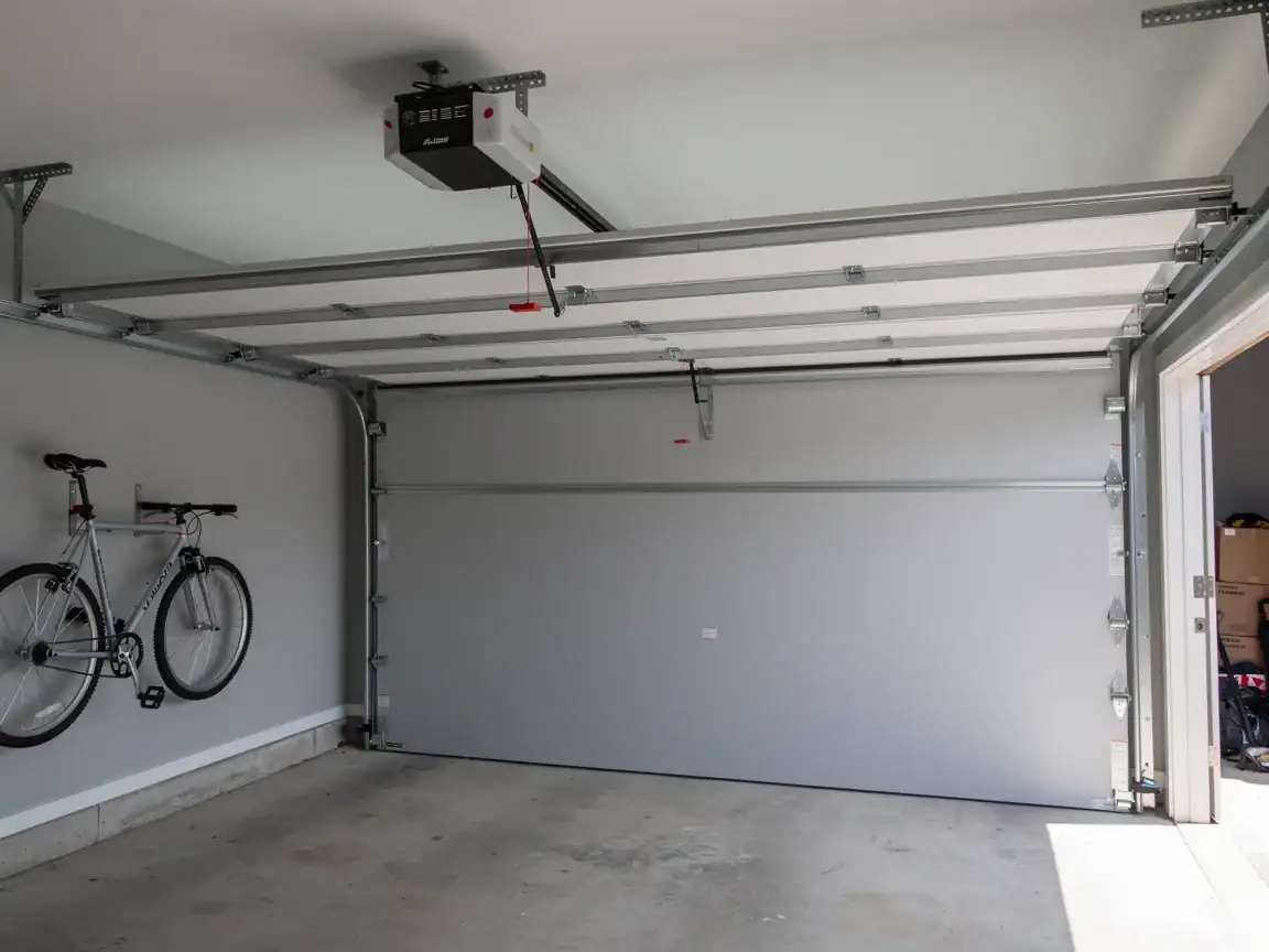 A garage door opener is mounted above a closed gray garage door.