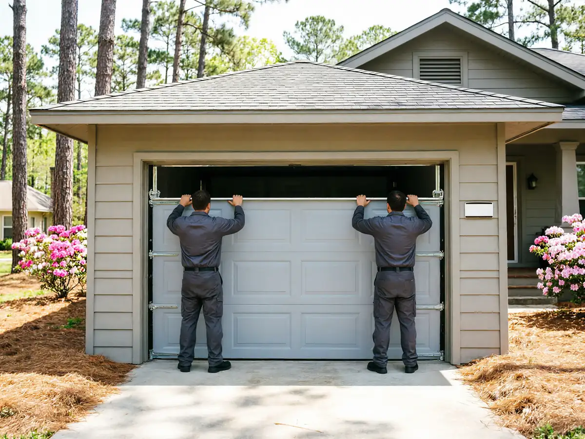 Two technicians install a light gray garage door on a house.