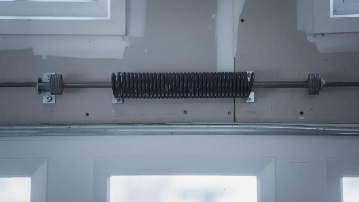 A torsion spring is mounted above a white garage door.